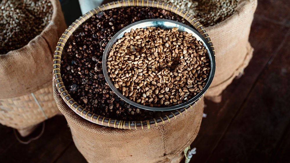 Captured in this image is the rich abundance of coffee beans, both raw and roasted, nestled in woven baskets, exuding a sense of warmth and invigoration.