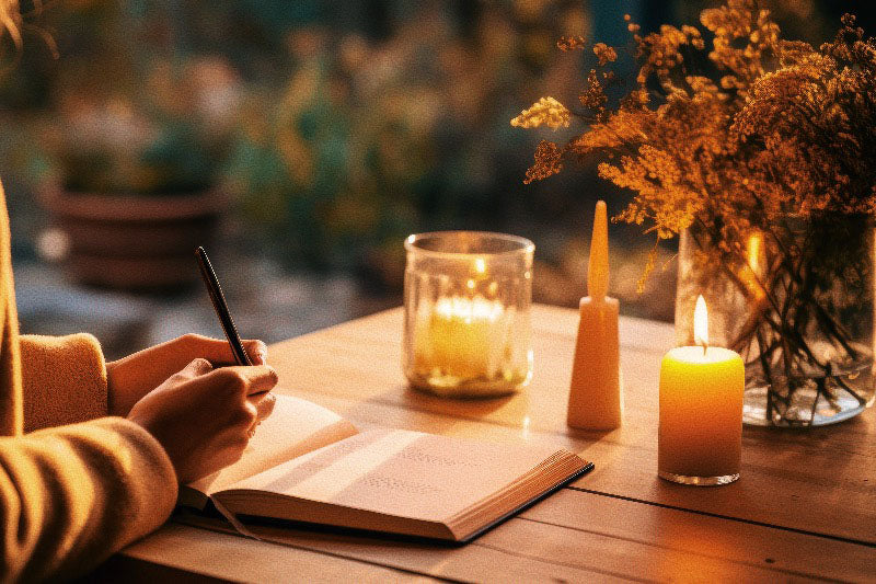 Person journaling by candlelight - Shadow Work Inquiry and Self-Discovery