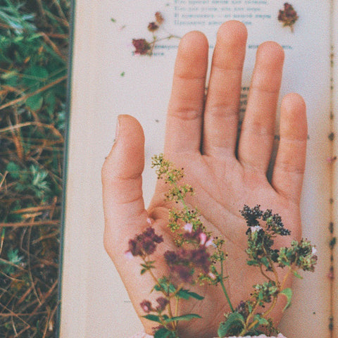 A hand resting on a book with wildflowers in the palm. The image represents the concept of slow living as a natural ally for witches. The gentle gesture of the hand symbolizes mindfulness, while the book and flowers represent the beauty and wisdom of nature.