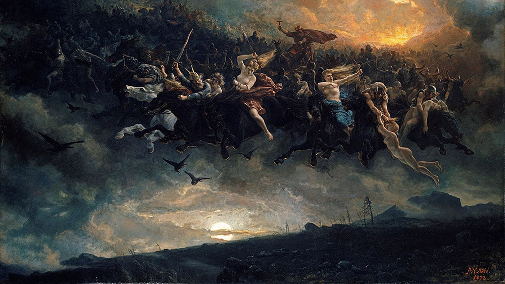 An epic painting portrays a dramatic sky with dark clouds and a low sun casting a fiery glow. Below, a chaotic scene unfolds with a multitude of figures, both human and mythical, engaged in a fierce battle. The dynamic composition creates a sense of intense movement and turmoil.