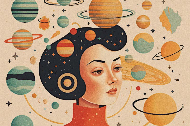 1960s-inspired illustration of a girl with a black bob hairstyle wearing a red turtleneck, encircled by planets, symbolizing Understanding Retrogrades
