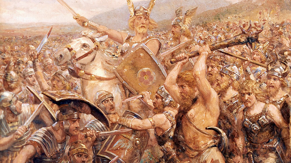 A dynamic painting of an ancient battle, possibly representing the wars of the gods and goddesses in Norse mythology with Freyja’s involvement.