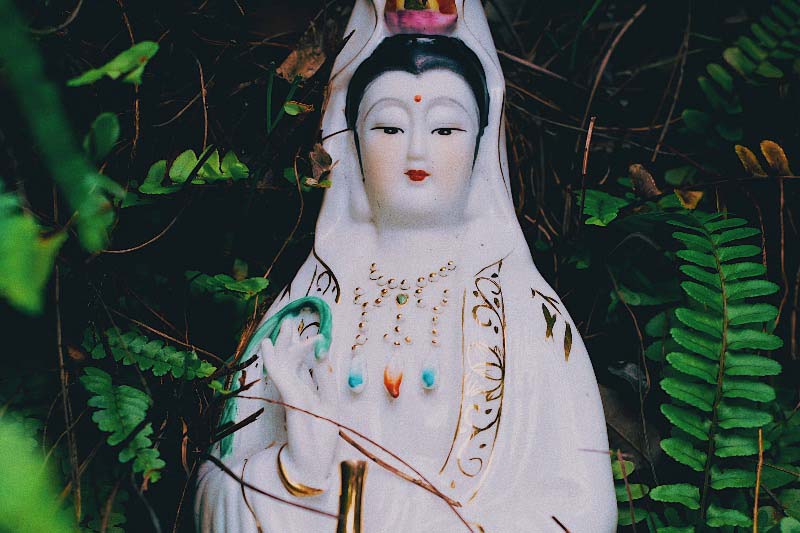 Guan Yin Figurine amidst Lush Emerald Green Ferns: Unveiling the Bodhisattva of Compassion in Depth