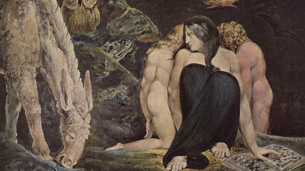 Artwork by William Blake depicting the goddess Hekate in a mystical setting. She is portrayed with two figures beside her, possibly representing her triple nature, against a backdrop filled with dark and enigmatic elements, including a donkey and a frog. The scene captures the blend of the natural and the supernatural, resonating with Hekate’s connection to witchcraft and the underworld.