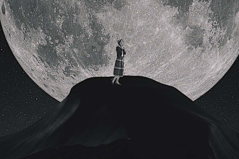 Collage art of a girl standing on a mountain with an unrealistically close moon in the night sky, symbolizing the wrap-up discussion on the significance of retrogrades and why we should care.