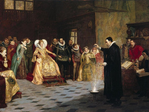 "Victorian-era oil painting portrays John Dee in the court of Queen Elizabeth I. The enigmatic figure is shown holding a vial over a fire, while the queen and her courtiers observe with curiosity. Created by Henry Gillard Glindoni, this artwork captures the extravagance of Elizabethan England with its sumptuous fabrics and white neck ruffs. Scrying & Divination