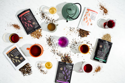 a teapot and each of our top 5 teas, both the packaging and a brewed mug of tea shown