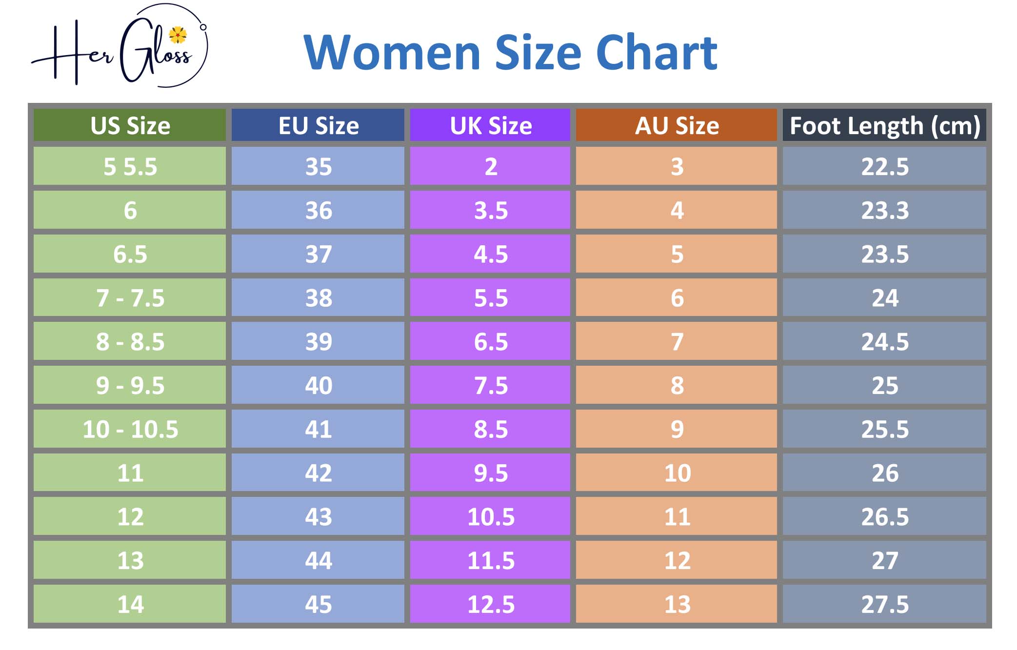 Size Chart – Her Gloss© All Footwear Needs