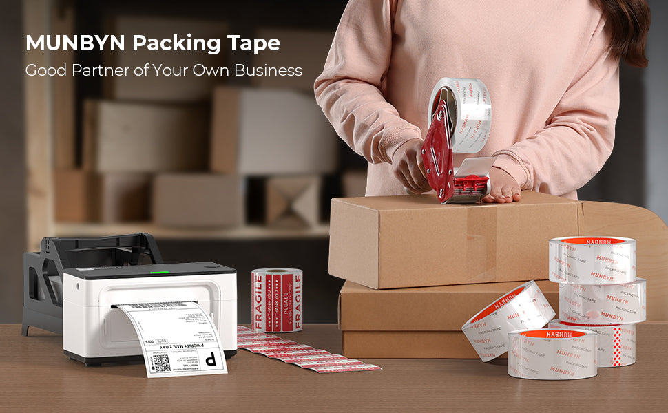 A woman is using MUNBYN heavy duty packinfg tape on a package.