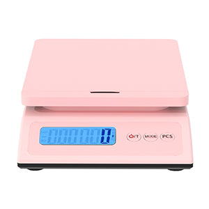 MUNBYN pink postage scale has an easy-to-read LCD display.