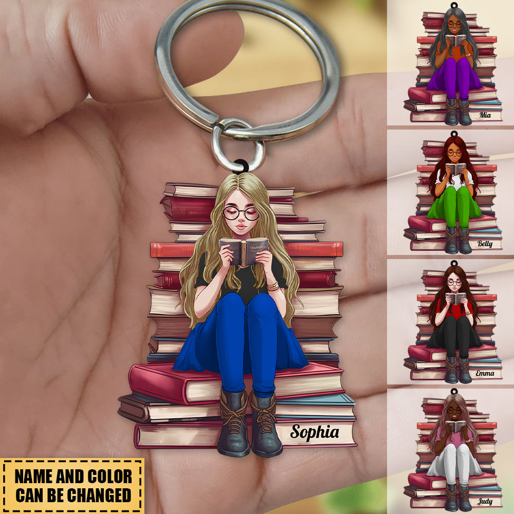 Girl Reading Book - Custom Book Titles, Personalized Acrylic Keychain -  yeetcat