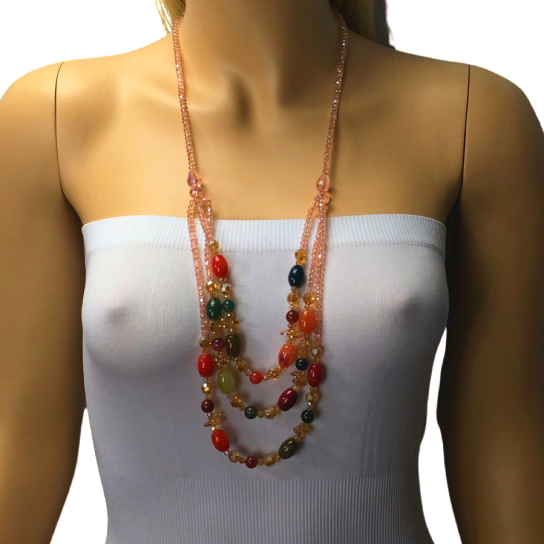 Triple Strand Czech Glass and Natural Stone  Long Necklace