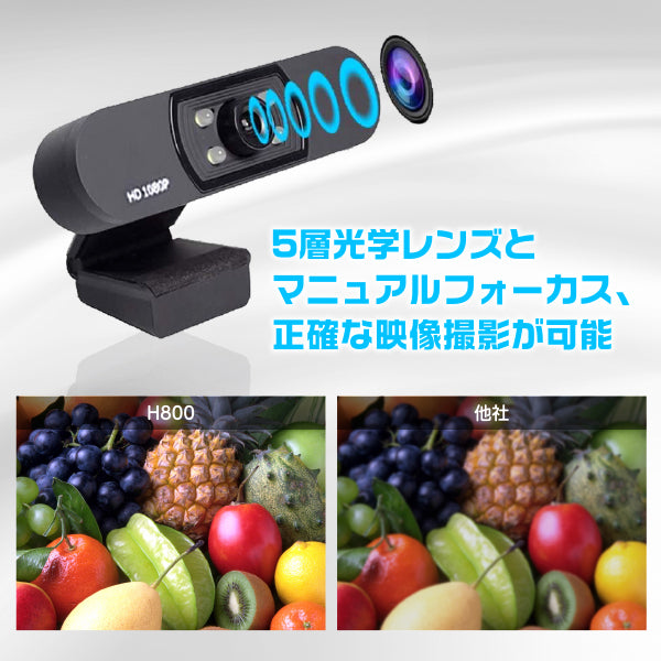 WEBカメラ 1080P FHD 5層レンズ高解像度 マイク内臓 自撮りライト機能付き