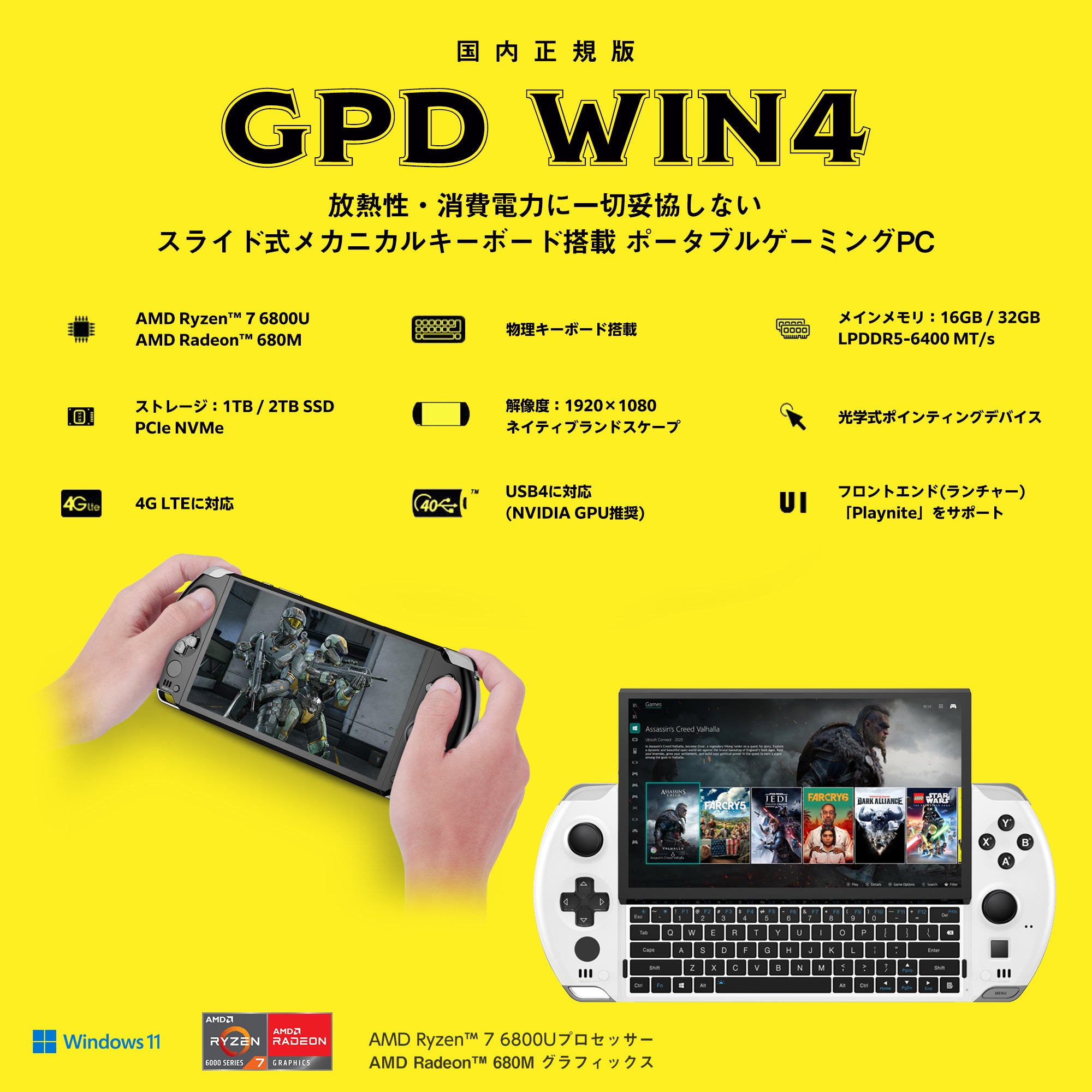 リファービッシュ品》GPD WIN4 ピュアホワイト Ryzen6800U 16GB/1TB 