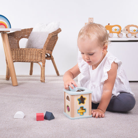 Girl playing with wooden shape sorter