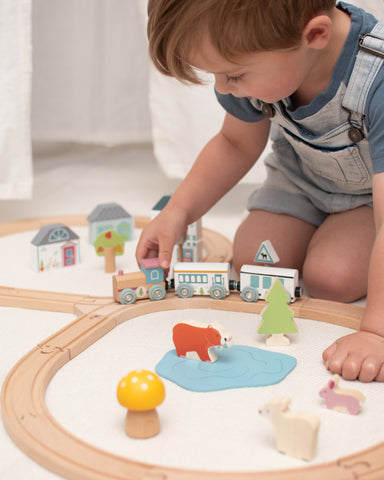 Boy playing with Woodland Animal Toy Train Set