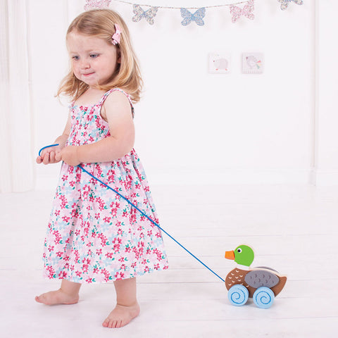 Little girl walking with pull along duck