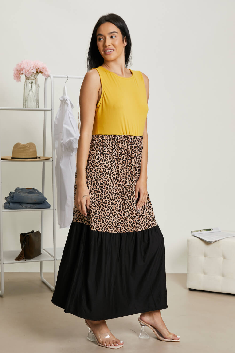 Girl Next Door Full Size Run Leopard Color Block Dress in Mustard