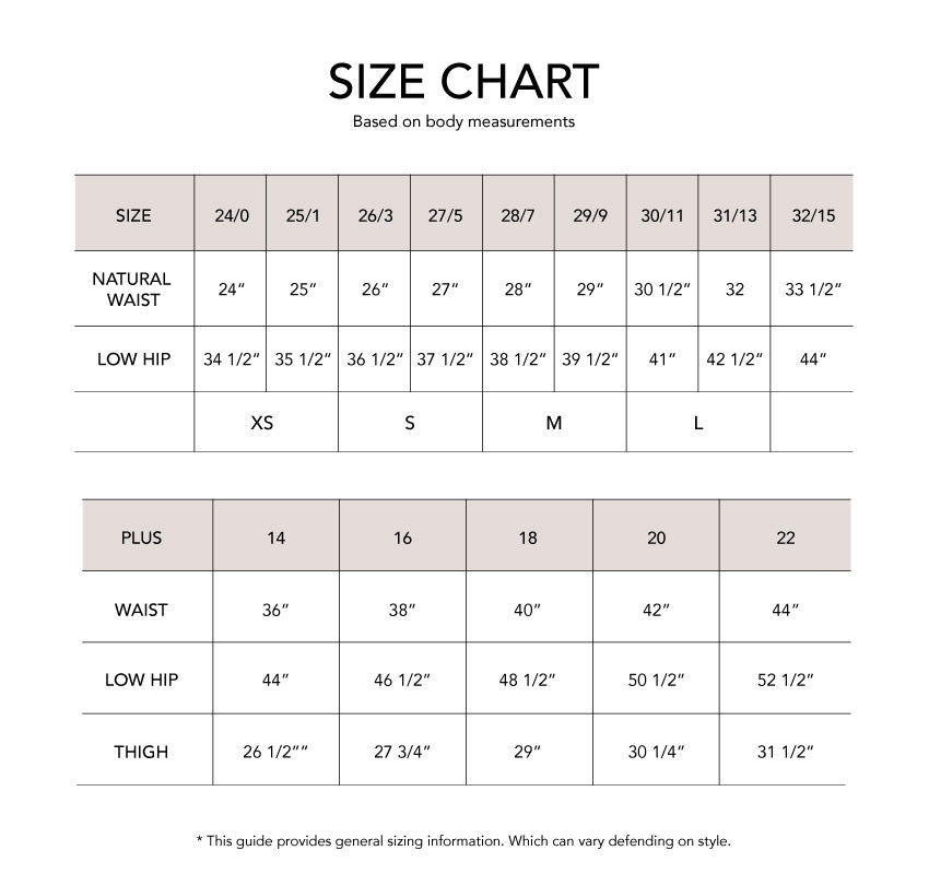 Vervet Shorts Size Chart
