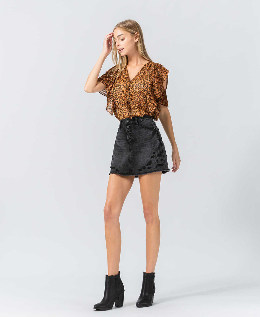 Squire - Button Up Distressed A-Line Black Mini Skirt
