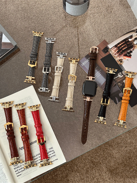 Women's Leather & Gold Metal Slim Apple Watch Band
