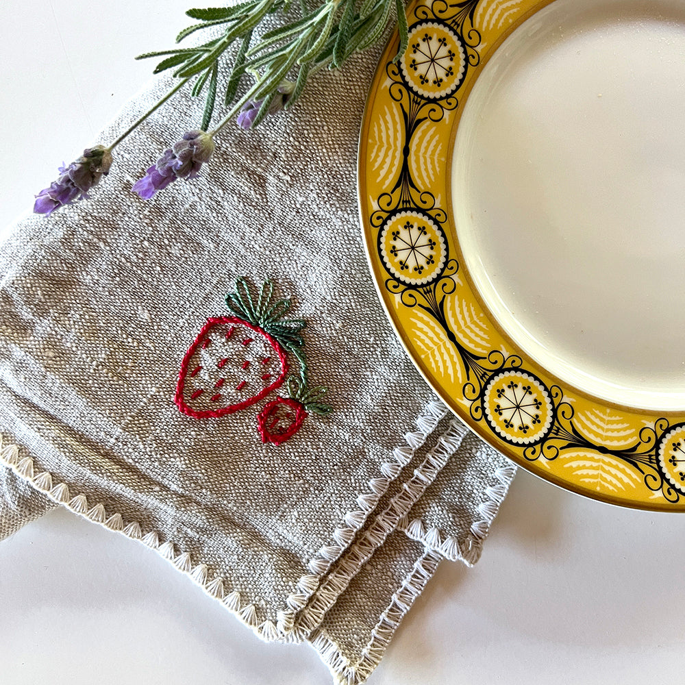 Set of Six Vintage Hand Embroidered Linen Napkins Bourdon point