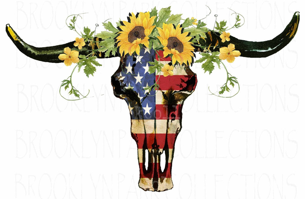 Skull Whimsical Sunflowers American Flag Instant Digital Download Sublimation Png Art Print