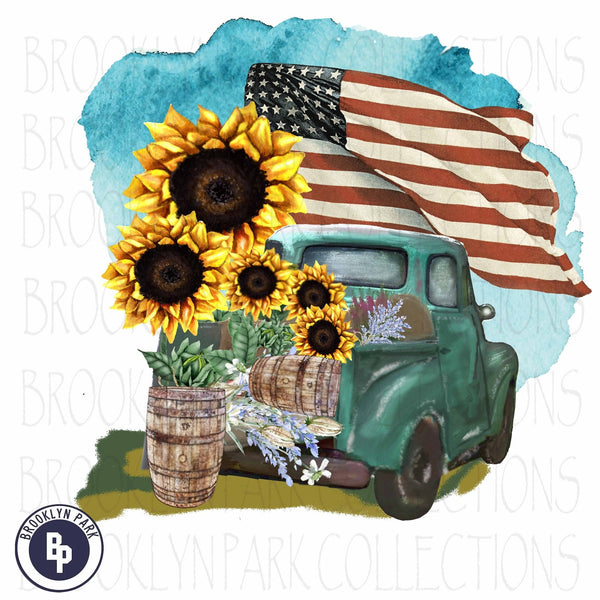 USA FLAG, Sunflowers, Vintage Truck, Instant Digital ...