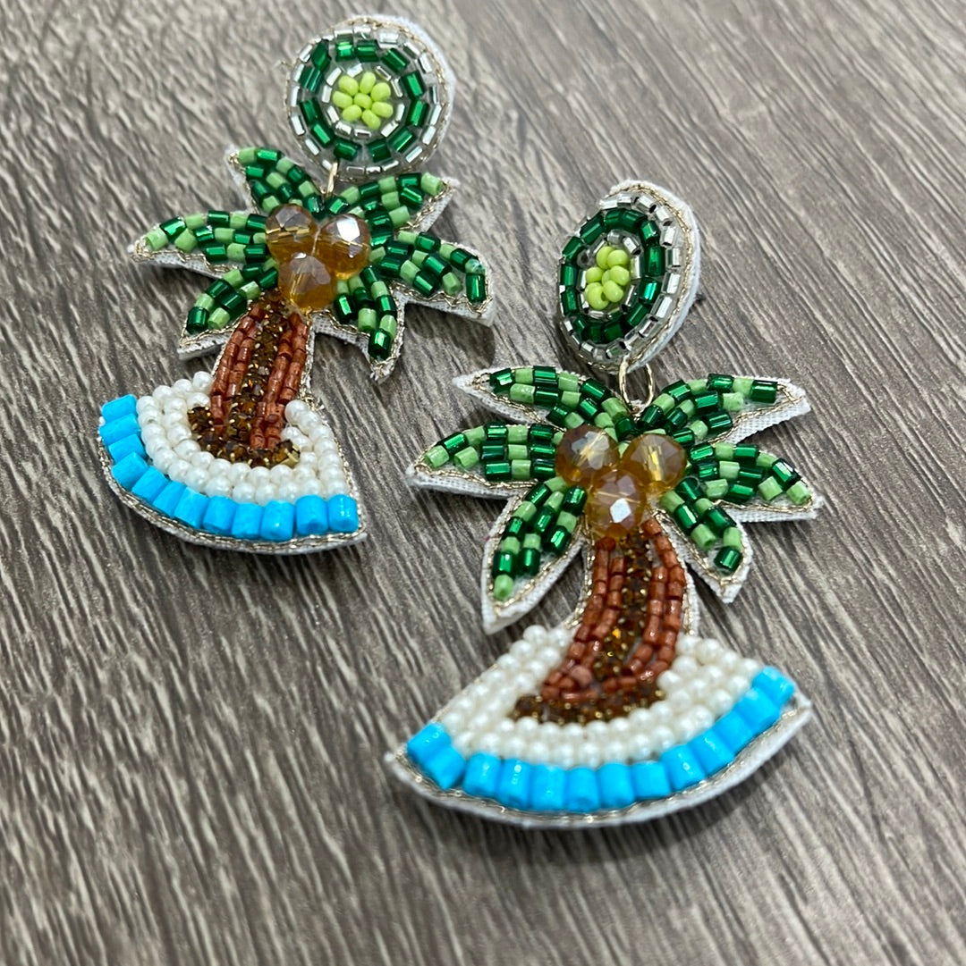 Palm Tree Seed Beaded Dangle Earrings
