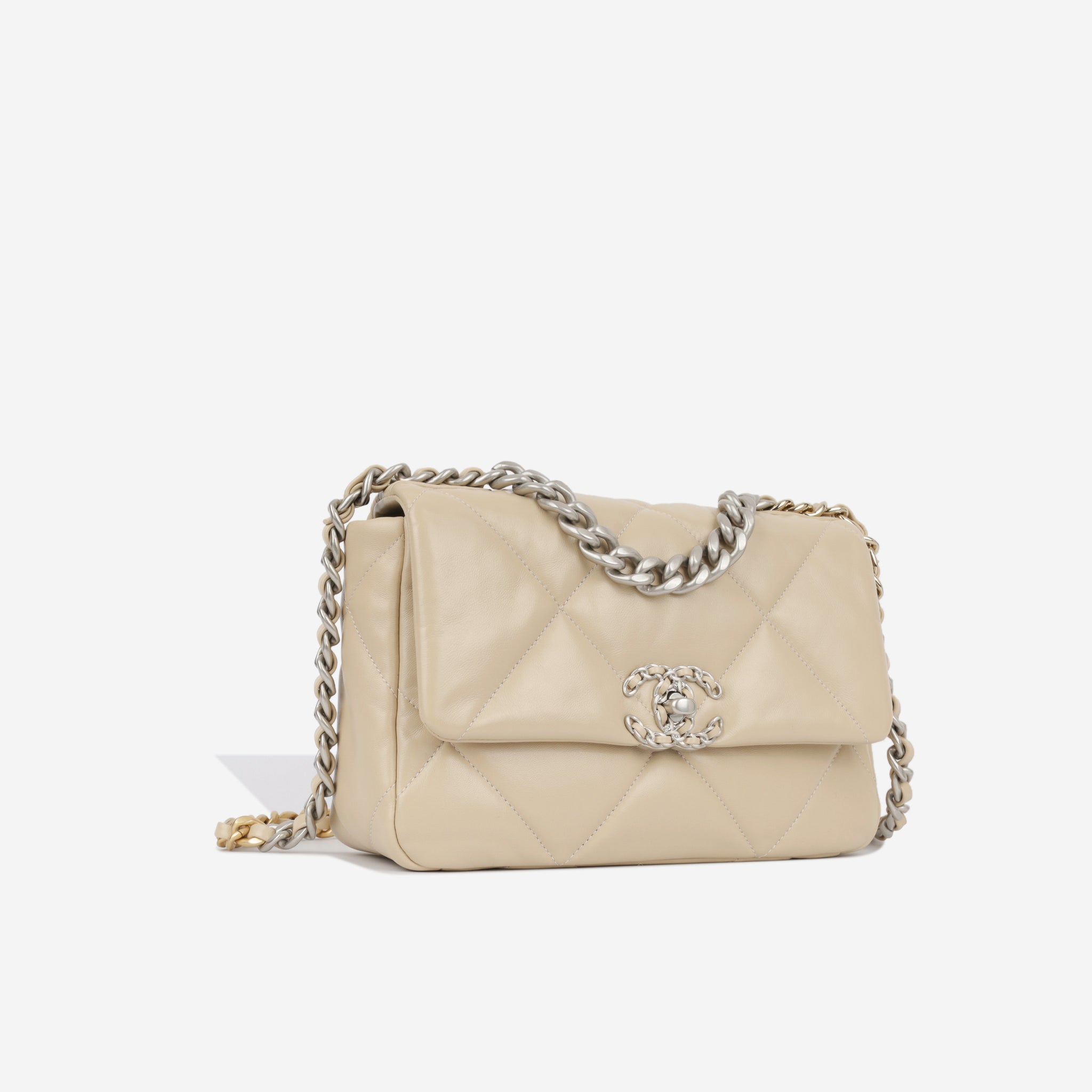 Chanel - Chanel 19 Flap Bag - Small - Beige Goatskin - SHW - Immaculate |  Bagista