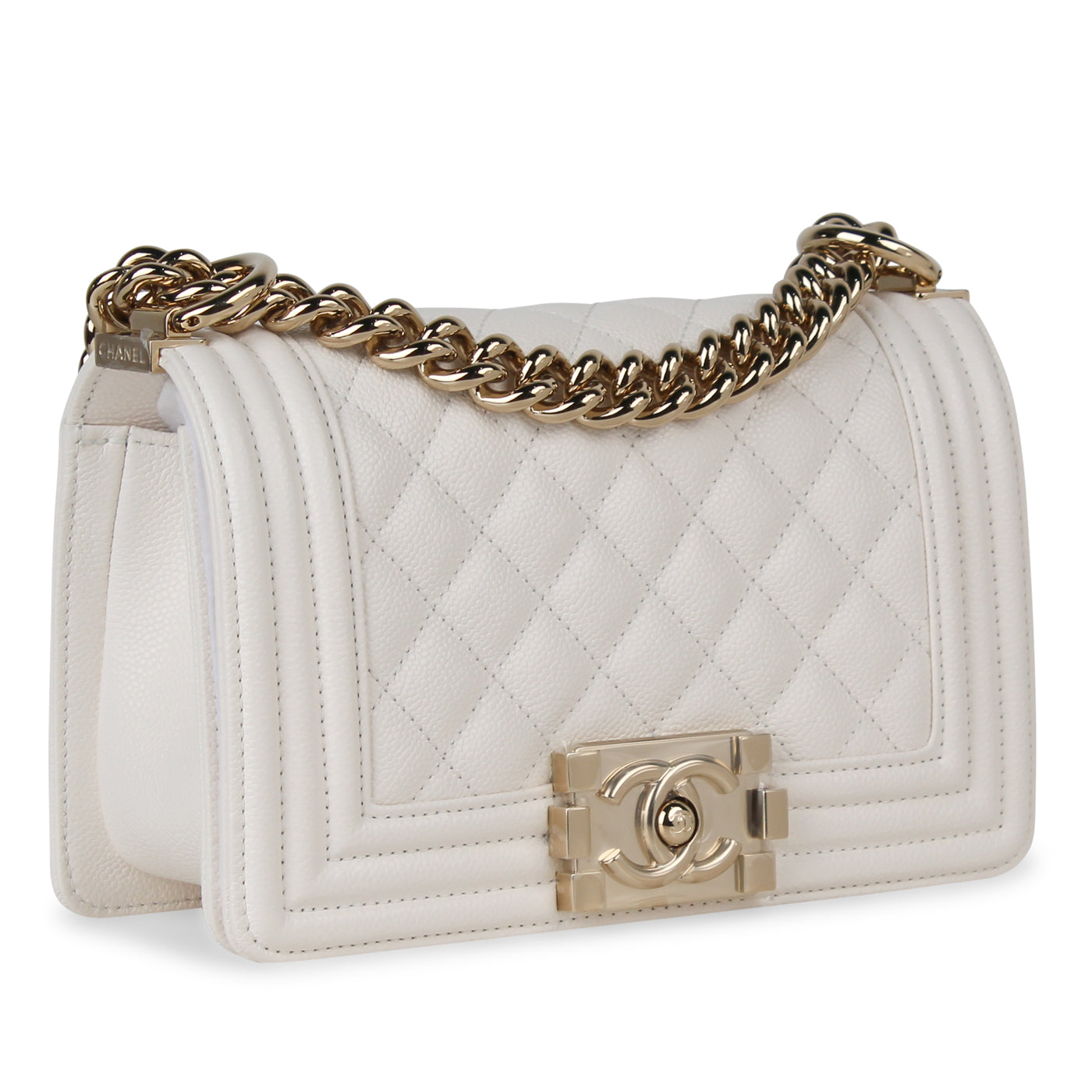 Chanel Medium Boy Bag White Caviar Aged Silver Hardware  Madison Avenue  Couture