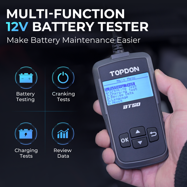 Autobatterietester 12V 24V TOPDON BT300P，100-2000CCA Batterietester mit  drucker, Lade- und Anlasssystem Analysator, Verfügbar für Heimwerker und  Profis, für Auto Motorrad SUV LKW Boot : : Auto & Motorrad