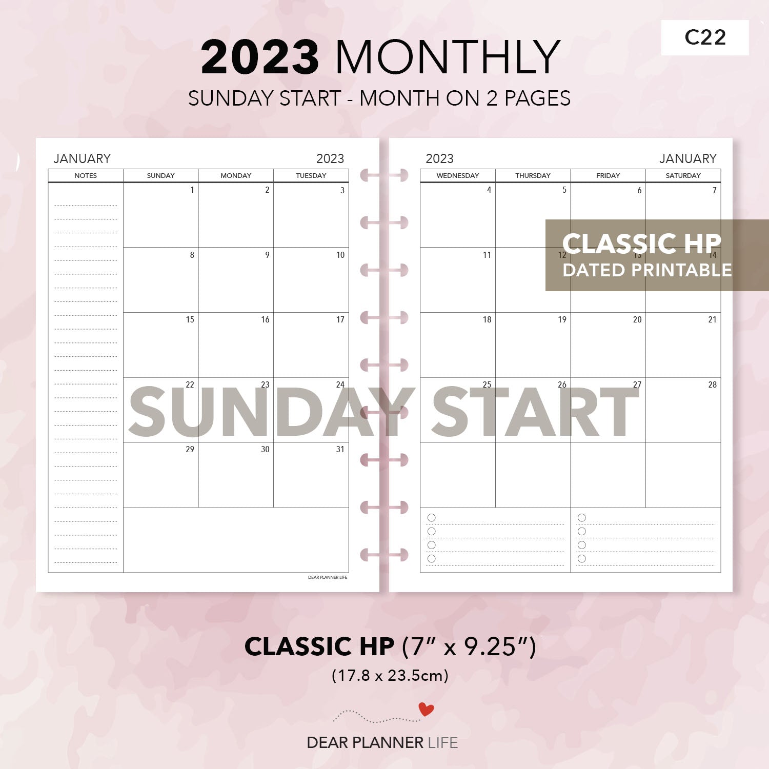 2023 Calendar - Sunday Start, Month On 2 Pages (Classic Hp) Printable –  Dearplannerlife