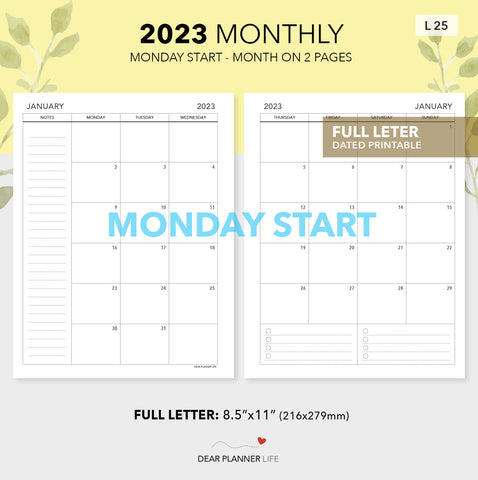 PRINTED Month Dated 2023 Calendar Pages Planner Inserts 