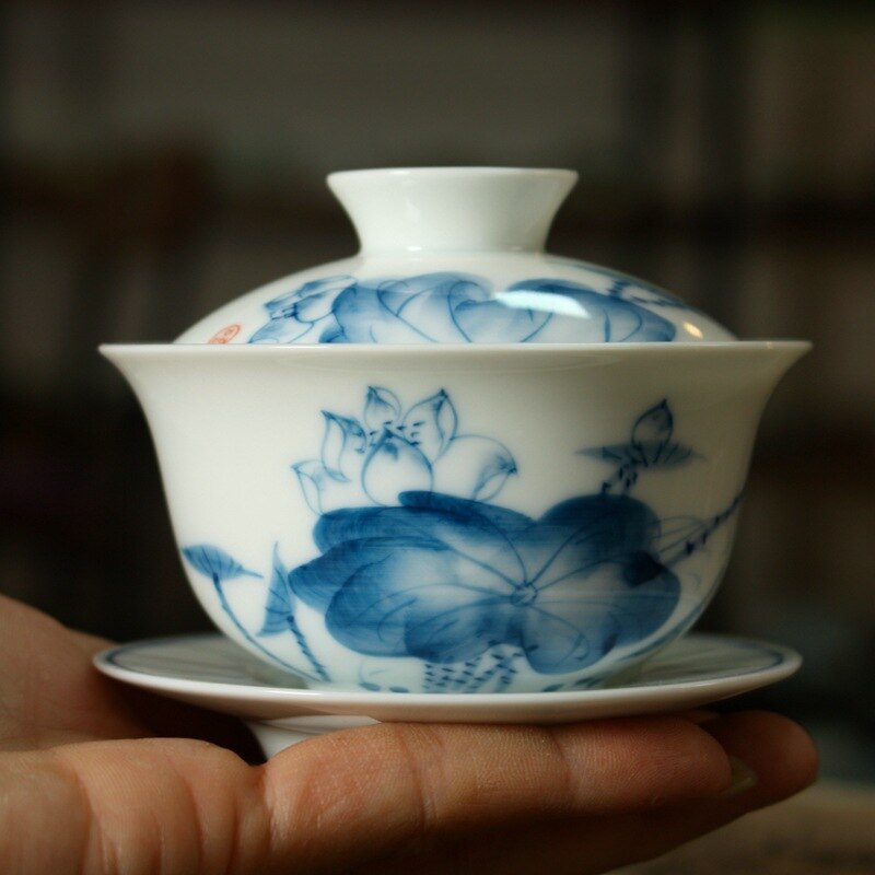 Blue and white Chinese landscape Vintage Tea Tureen Cup Gaiwan