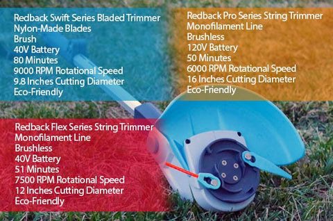 An infographic of Redback string and bladed trimmers.