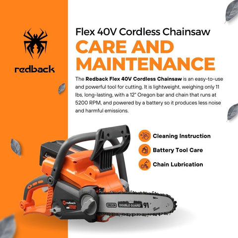 Infographic of Redback Flex 40V Cordless Chainsaw care and maintenance.