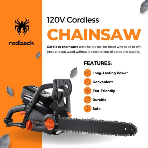 An infographic of the Redback Pro 120V Cordless Chainsaw.