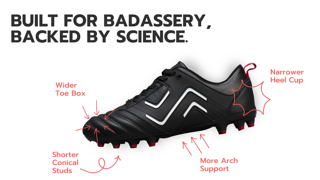 Built for Badassery, Backed by Science - photo of the IDA Classica women's specific black leather soccer cleat lays flat on the page.