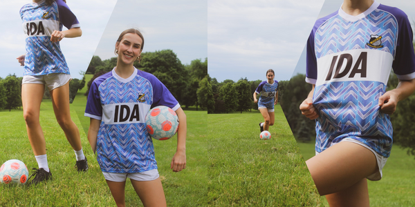multiple photos of young woman wearing ida sports title ix 50th anniversary jersey while holding a soccer ball and playing soccer