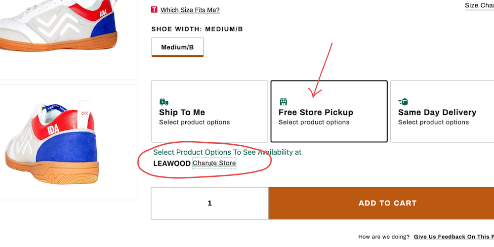 Photo of the IDA Spirit product page on the Dick's Sporting Goods website with "Free Store Pickup" circled and an arrow pointing to the "Change Store" link.