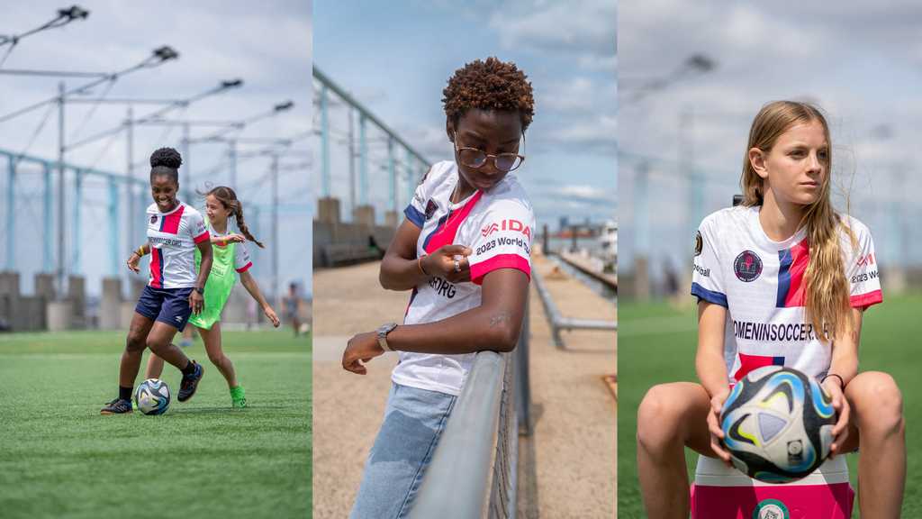 Left: Female soccer player dribbles a ball wearing the World Cup fan jersey and IDA Spirit indoor soccer shoes women's. M: young woman with short brown hair and glasses wears the fan jersey and denim and looks at sleeve that says IDA, R: young woman with long blonde hair sits on a cooler holding a soccer ball wearing the white fan jersey.