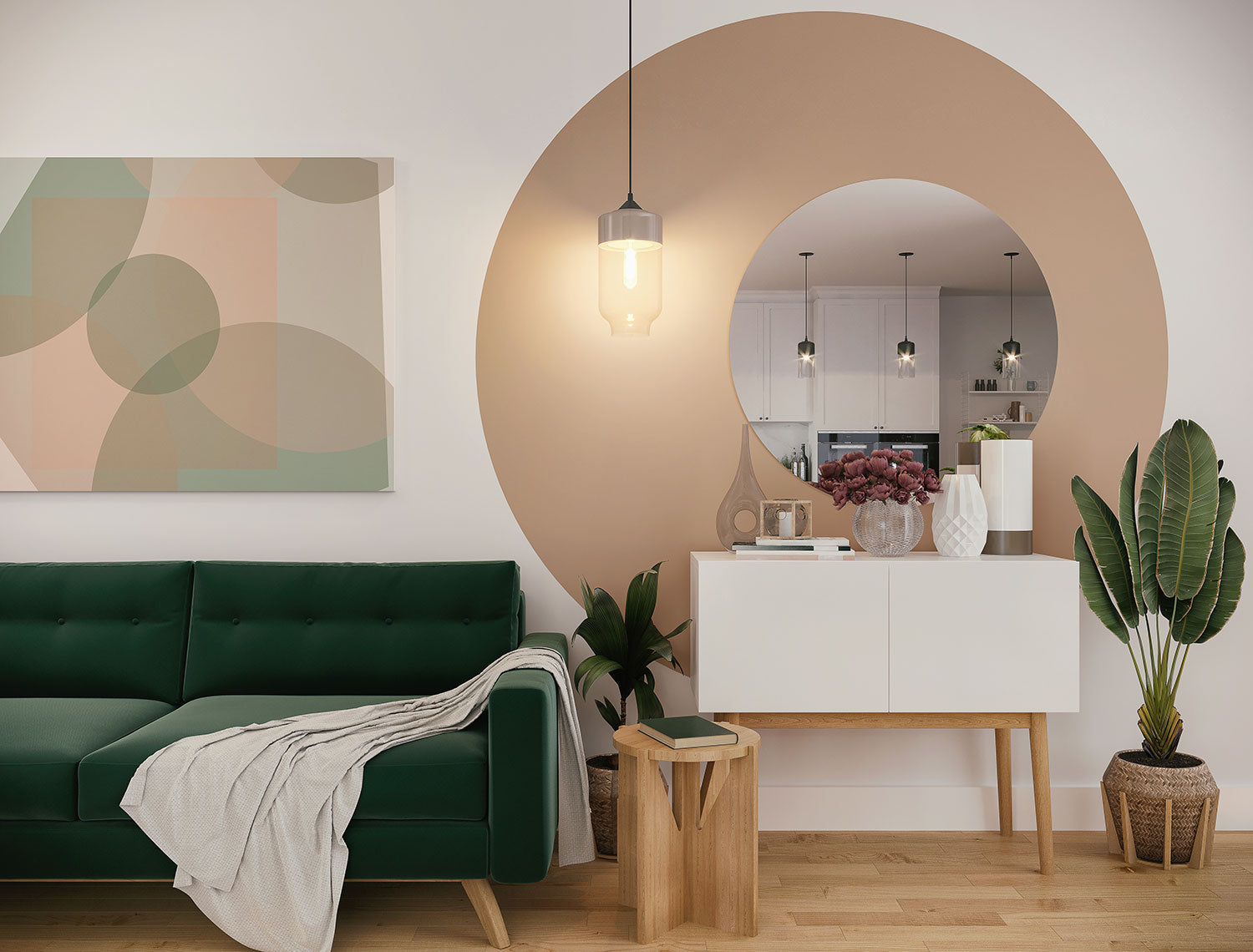 Round mirror above white modern table next to forest green couch