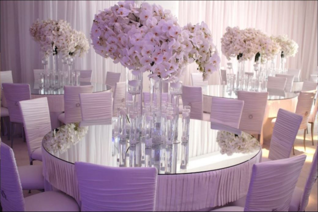 Mirror Glass Table Top with large flower bouquet