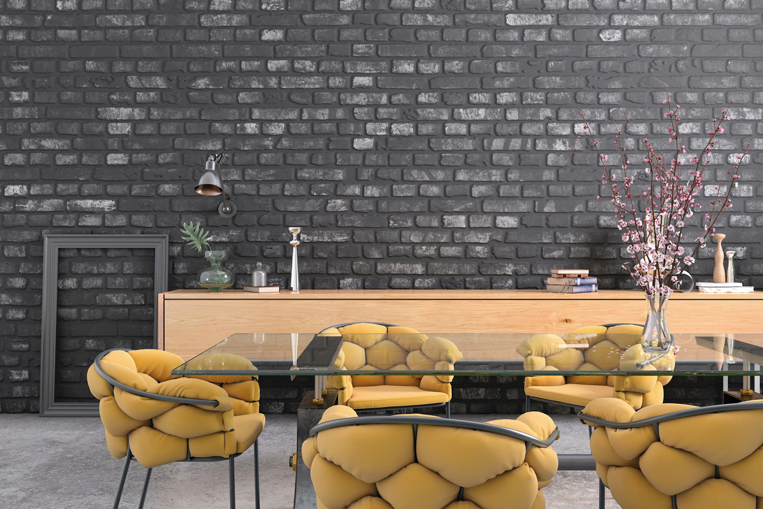 Rectangle clear glass table with five chairs fitted with honeycomb style yellow cushions and a black brick background