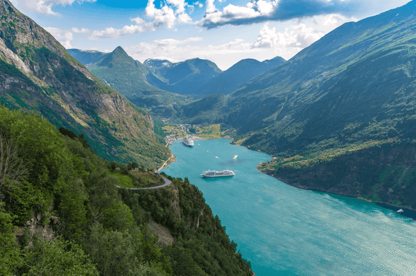 fjord valley with cruise ships