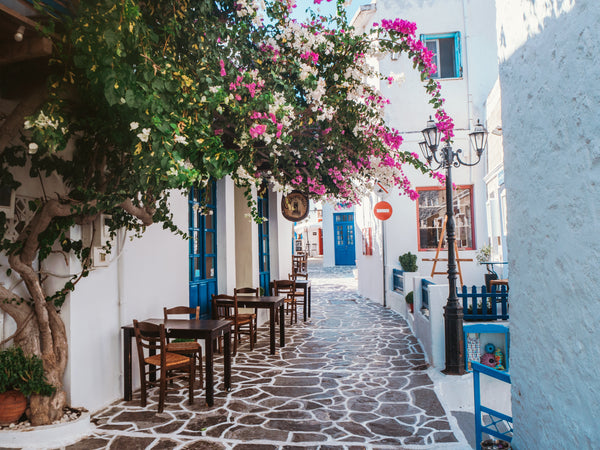 Street in Greece white and blue buildings