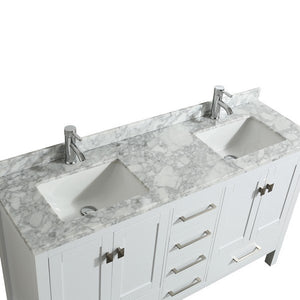 Eviva TVN414-60X18WH London 60 Inch X 18 Inch Transitional Bathroom Vanity with Marble Top and Double Porcelain Sinks