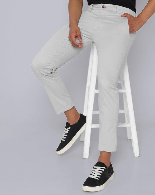 Buy OnlineSpykar Men Ecru Lycra Slim Fit Ankle Length Plain Trousers