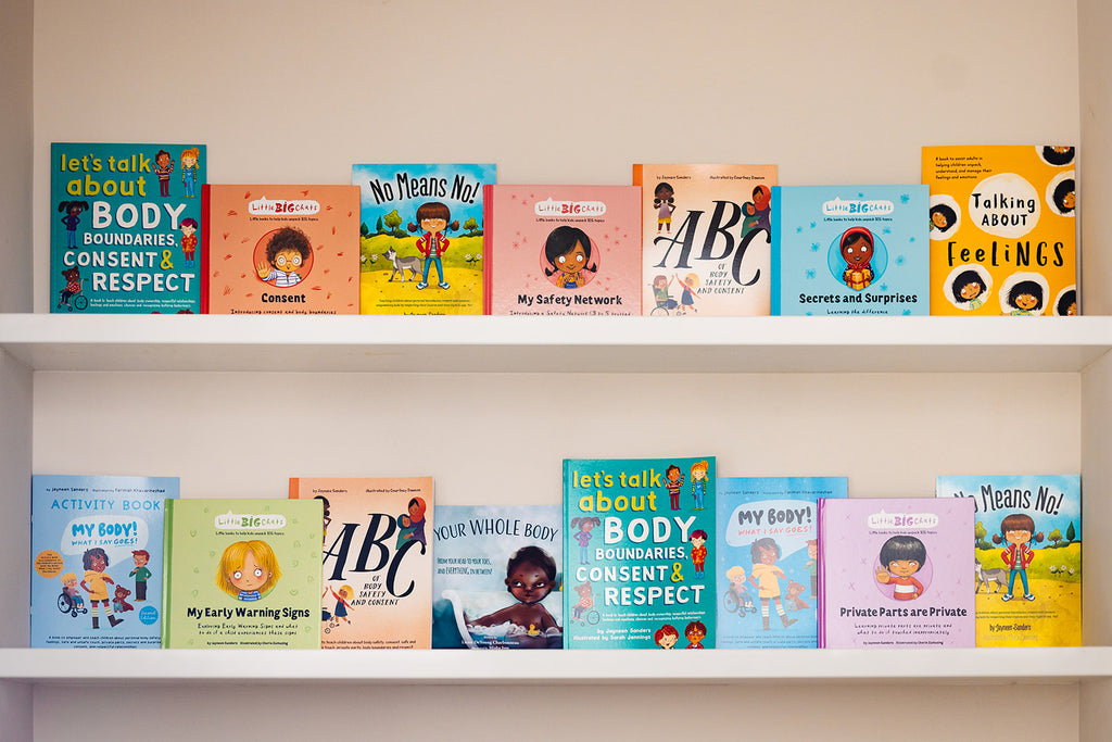 Consent and body safety books displayed on book shelf